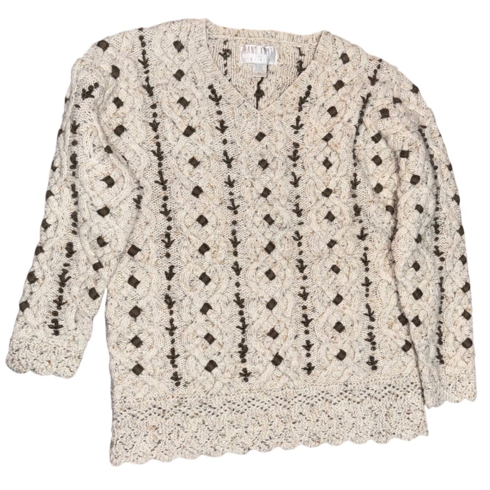 The Limited Hand Knit Sweater Womens M/L Cream Brown Floral Cable V-Neck Vtg